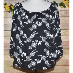 Ann Taylor Ladies M Black Floral Boat Neck Blouse Top Balloon Sleeve Career